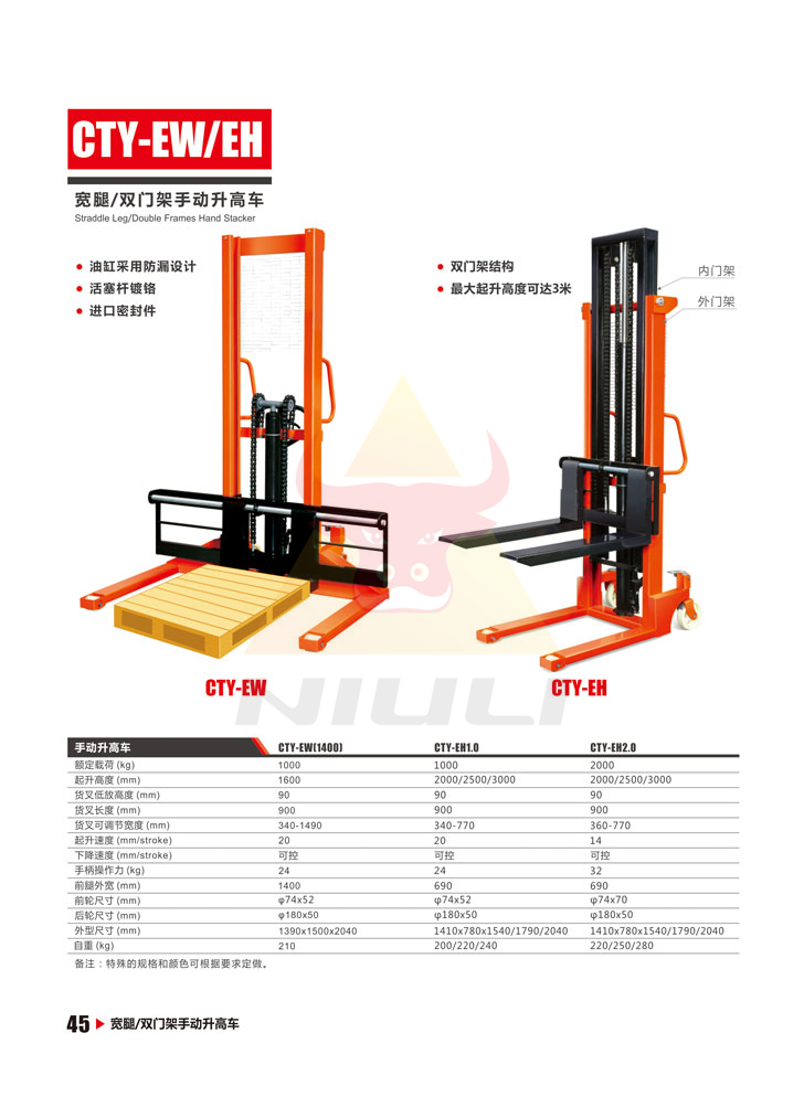 45寬腿雙門架手動升高車、手動油桶升高車、液壓油桶搬運(yùn)車